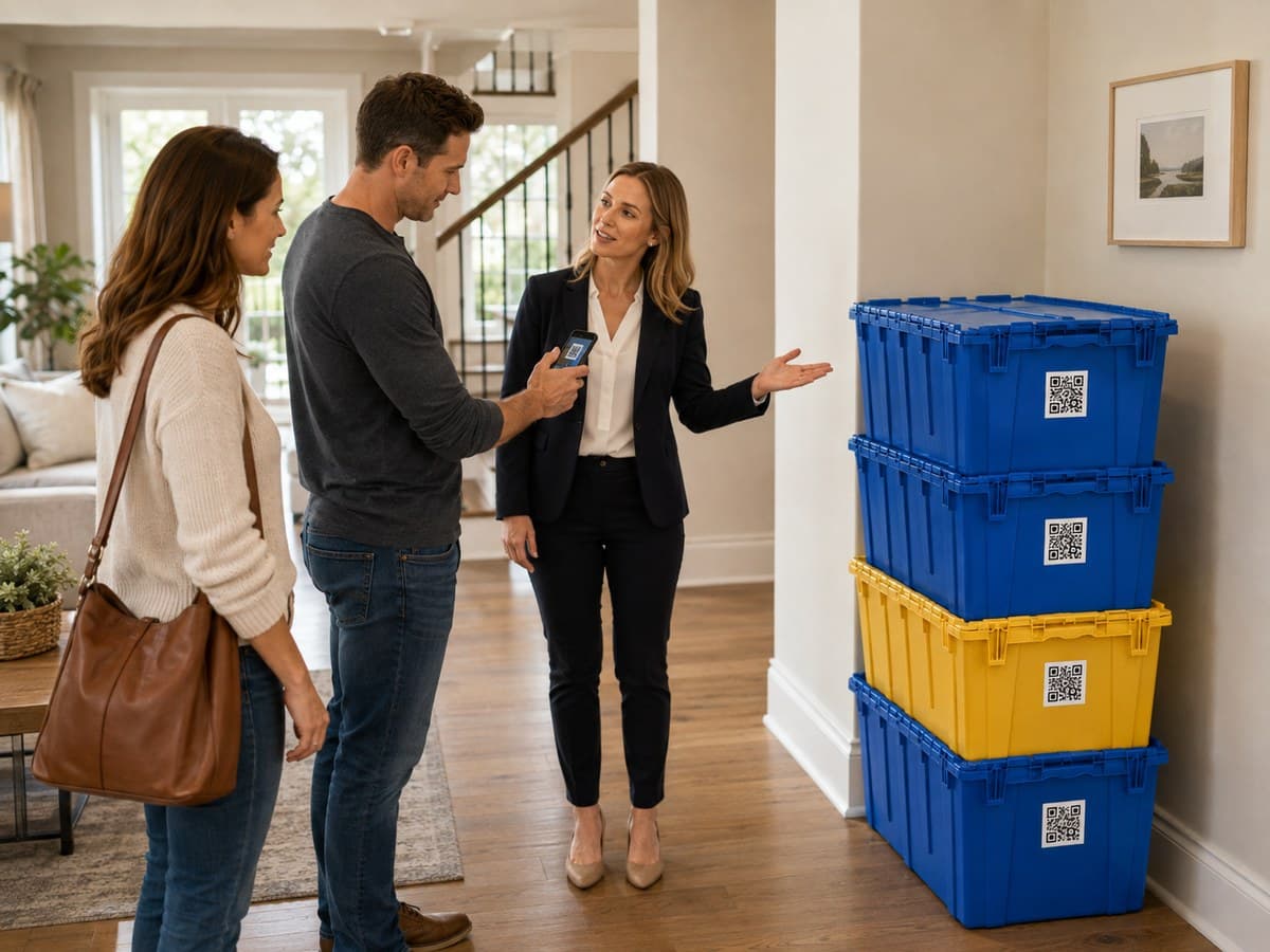A real estate agent showing a stack of Loaner Totes, each carrying a QR code, to a couple in their home.